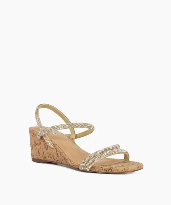 Dune London Gold Sandals Women Kalia Gold Embellished Strap Cork Wedge Sandals Metallic