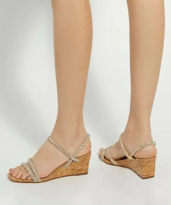 Dune London Gold Sandals Women Kalia Gold Embellished Strap Cork Wedge Sandals Metallic
