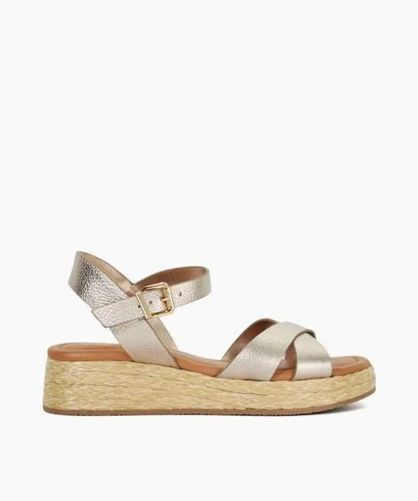 Dune London Gold Sandals Women Littleton Gold Leather Raffia Flatform Sandals Metallic