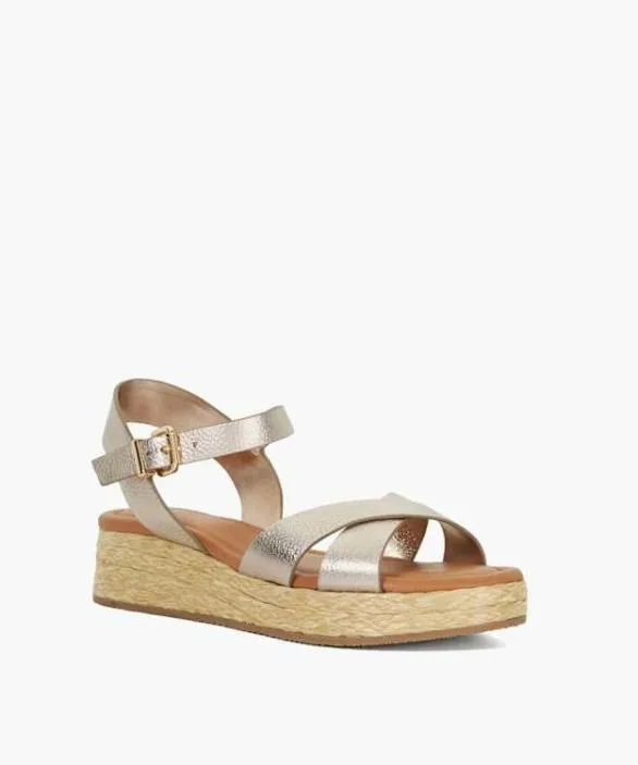 Dune London Gold Sandals Women Littleton Gold Leather Raffia Flatform Sandals Metallic