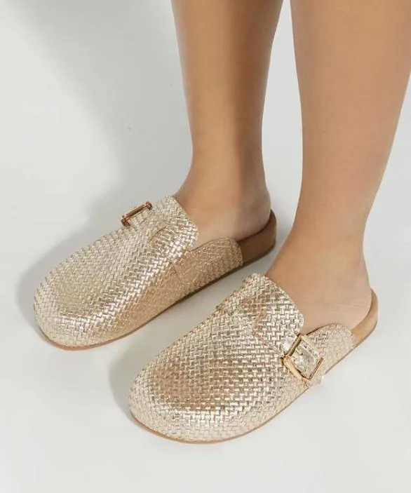 Dune London Loafers Women Glaized Gold Woven Leather Clogs Metallic