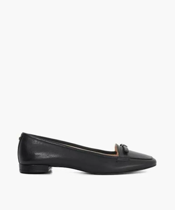 Dune London Loafers Women Glows Black Leather Square Toe Bow Trim Flat Black
