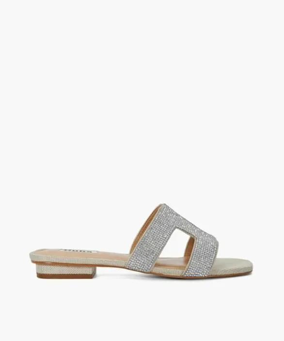 Dune London Loupe Sandals Women Loupe Silver Diamante Flat Sliders Metallic