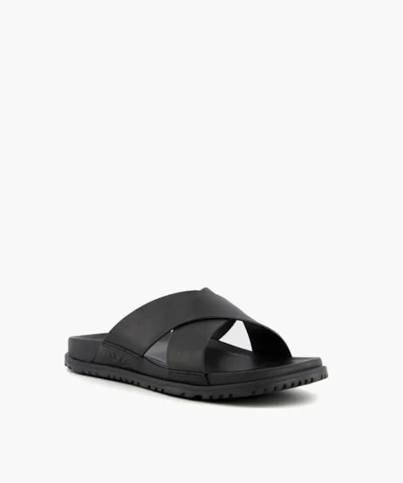 Dune London Sliders Men Wainscott Slide Black Leather Slider Sandals Black