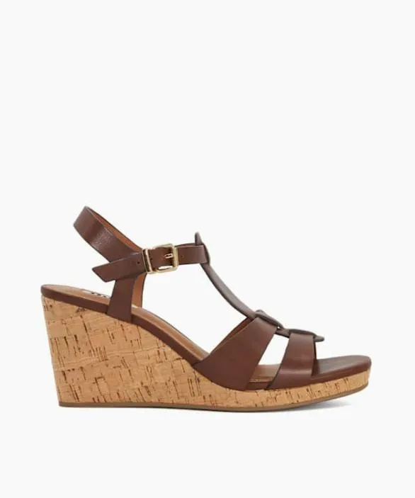 Dune London Wedge Sandals Women Kastro Brown Leather Cork Wedge Brown