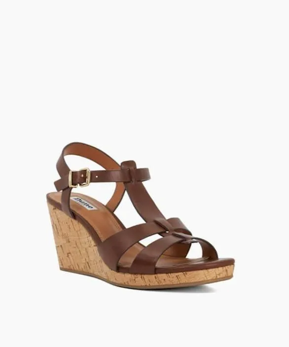 Dune London Wedge Sandals Women Kastro Brown Leather Cork Wedge Brown
