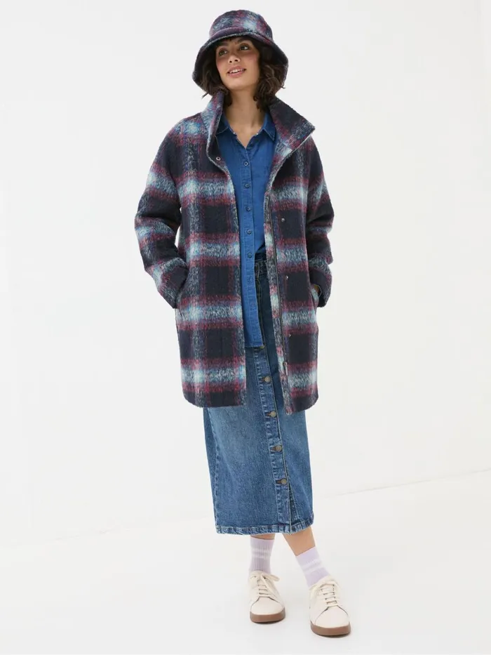 Fat Face Coats and Jackets Freya Blue Wool Blend Check Coat 8211 Women