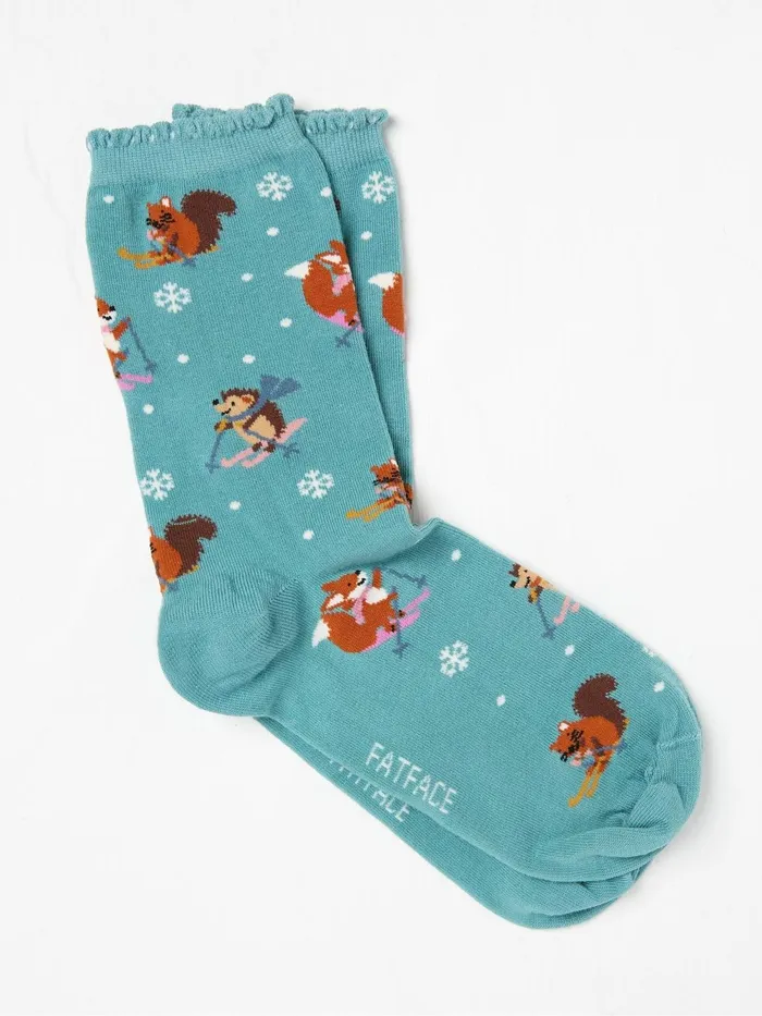 Fat Face Socks and Tights Green Skiing Animal Print Socks 8211 Women