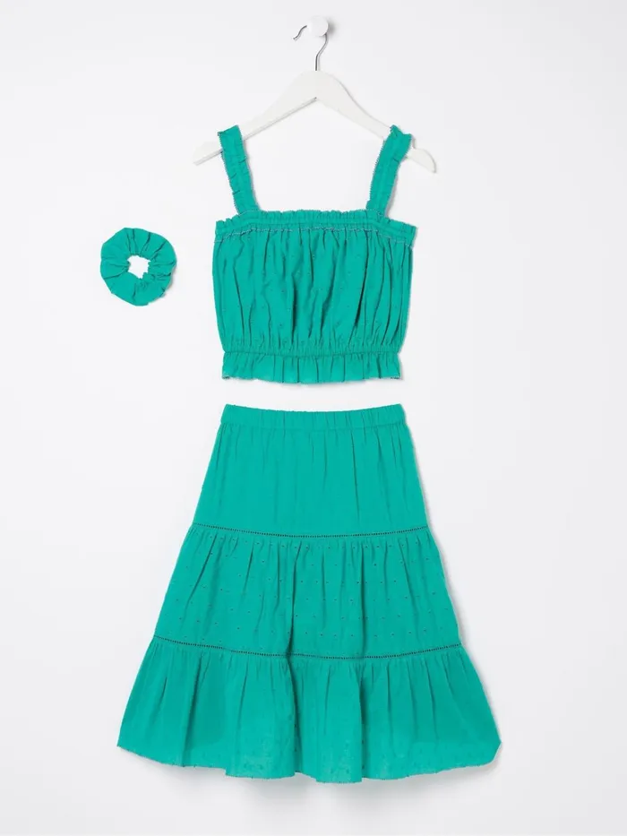 Fat Face Tops and TShirts Broderie Green Skirt and Top Set 8211 Kids