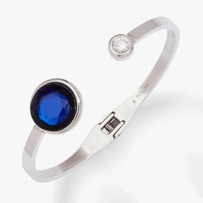 Fine Jewelry Women Alex And Ani Sapphire Crystal Hinge Cuff Stainless Steel Silver