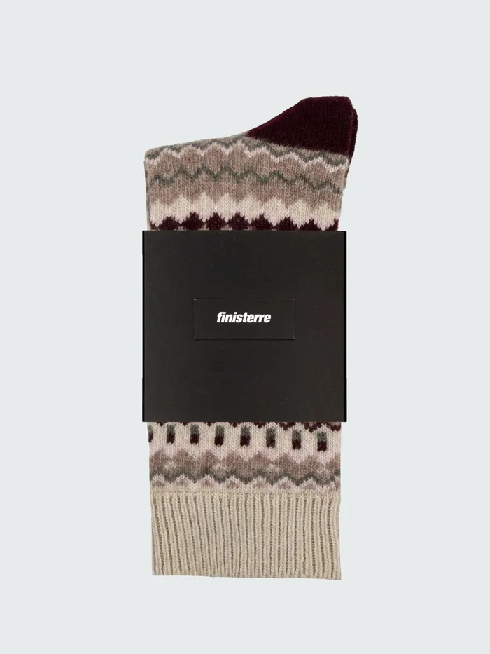 Finisterre Socks MenWomen Fair Isle Pattern Sock Oatmealoliveblack Cherry