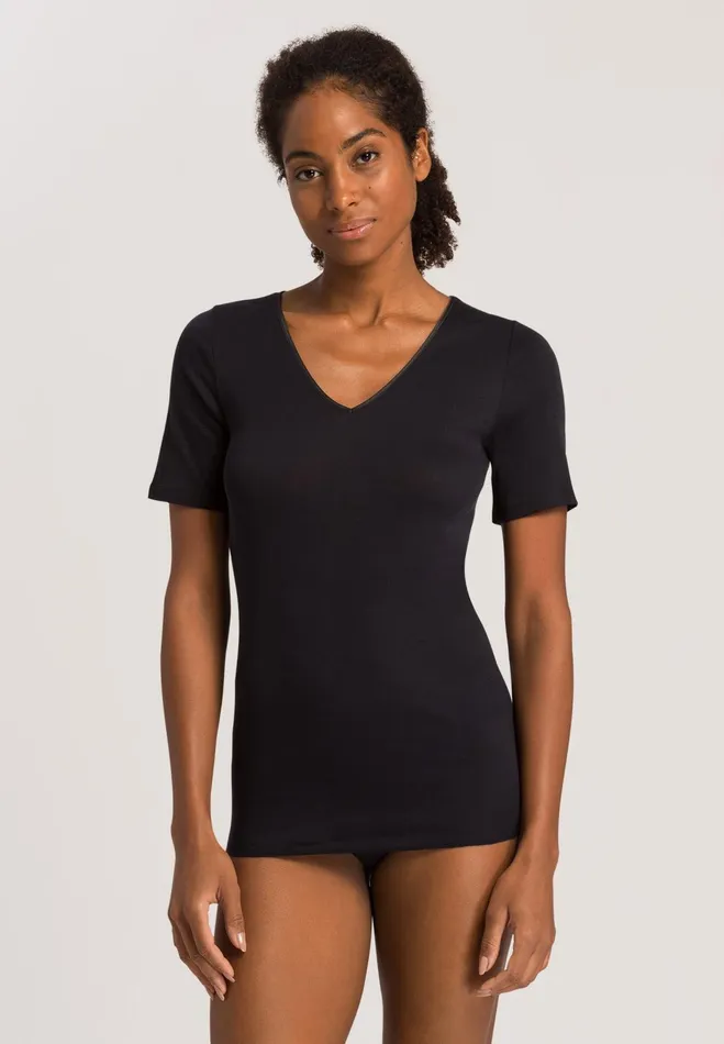 Fitted Cotton VNeck Top Black Women HANRO Lounge Tops