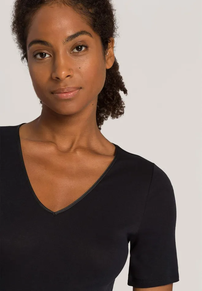 Fitted Cotton VNeck Top Black Women HANRO Lounge Tops