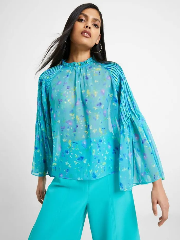 French Connection Aden Recycled Hallie Pleat Crinkle Top Jaded Teal Women Tops