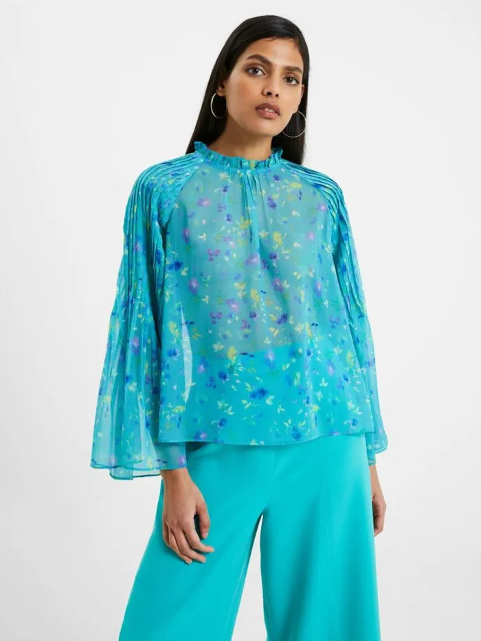 French Connection Aden Recycled Hallie Pleat Crinkle Top Jaded Teal Women Tops