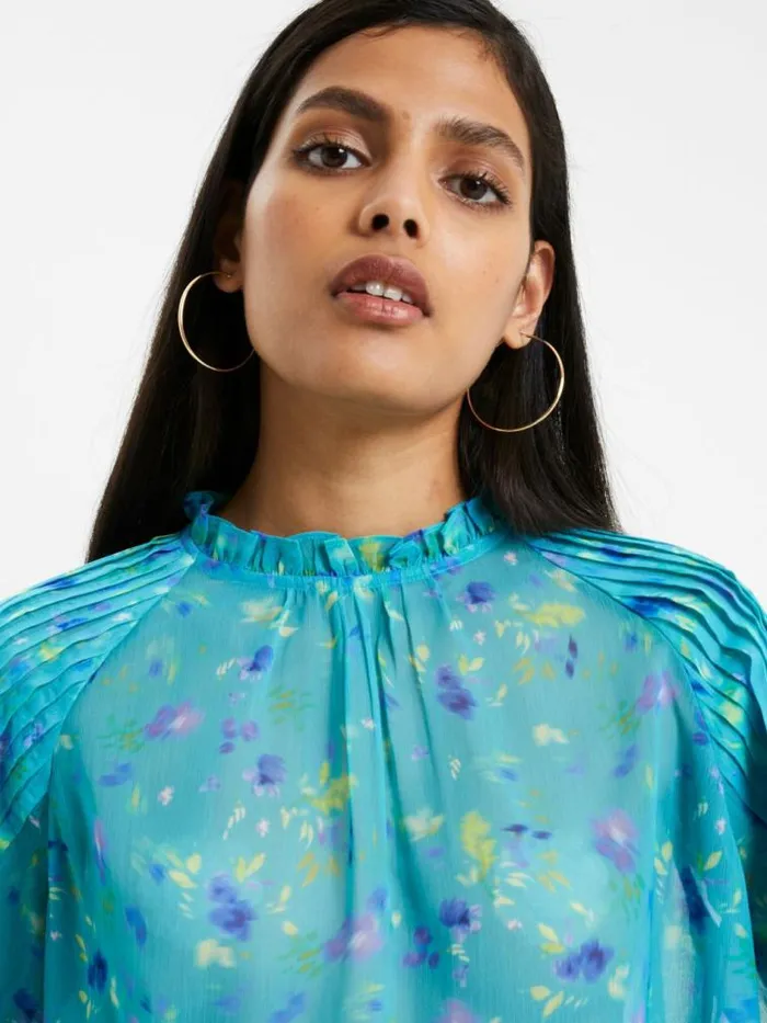 French Connection Aden Recycled Hallie Pleat Crinkle Top Jaded Teal Women Tops