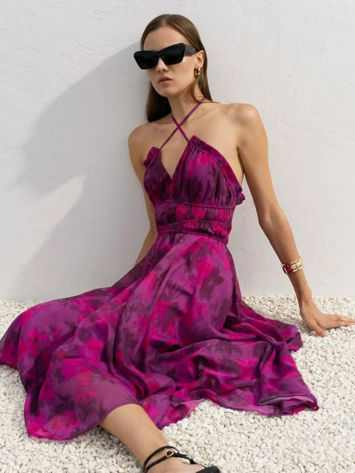 French Connection Arla Hallie Crinkle Halterneck Dress Meadow Mauve Women Dresses
