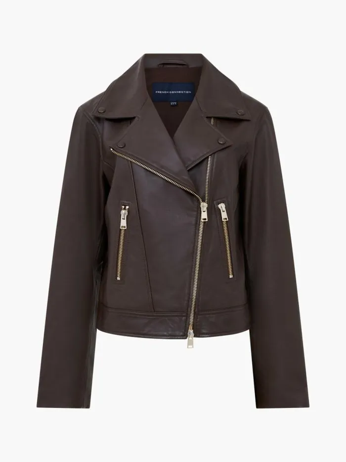 French Connection Becket Leather Military Jacket Chocolate Ganache Women Coats and Jackets