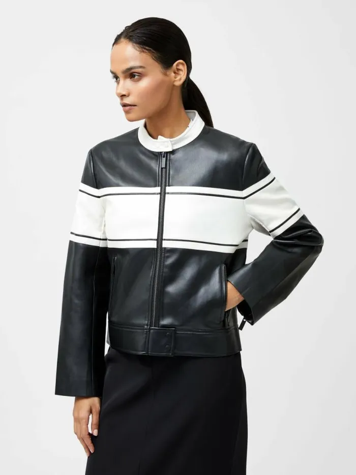 French Connection Berkely Racer PU Leather Jacket Blackcream Women Coats and Jackets French Connection Berkely Racer PU Leather Jacket Blackcream Women Coats and Jackets
