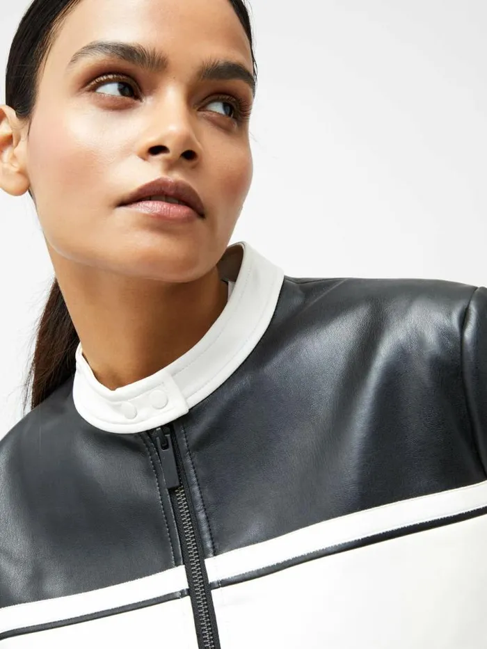 French Connection Berkely Racer PU Leather Jacket Blackcream Women Coats and Jackets