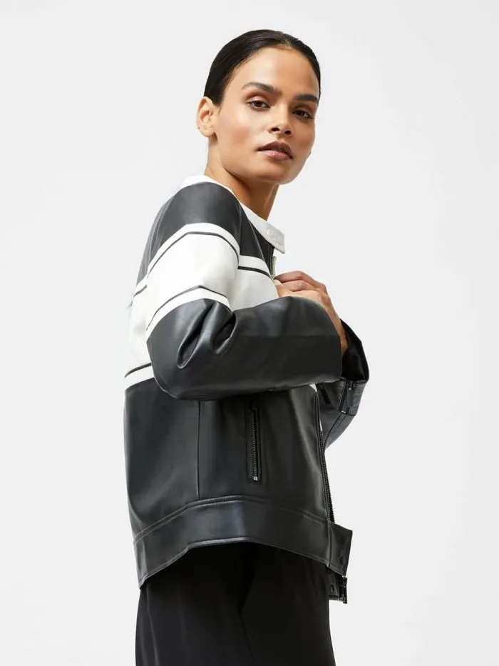 French Connection Berkely Racer PU Leather Jacket Blackcream Women Coats and Jackets