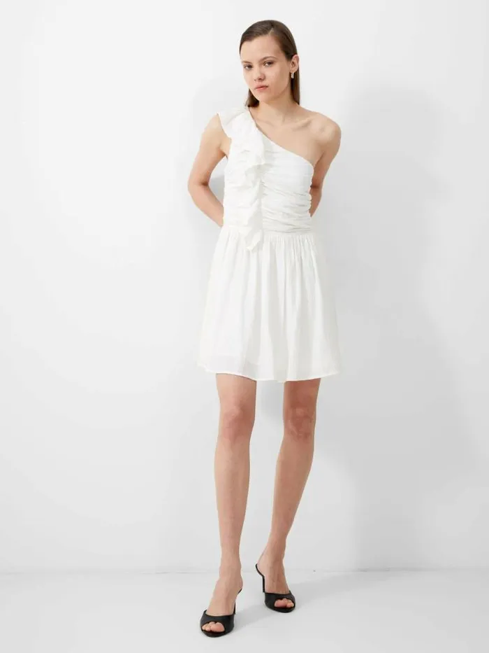 French Connection Bonny Pleated Ruffle Mini Dress Summer White Women Dresses