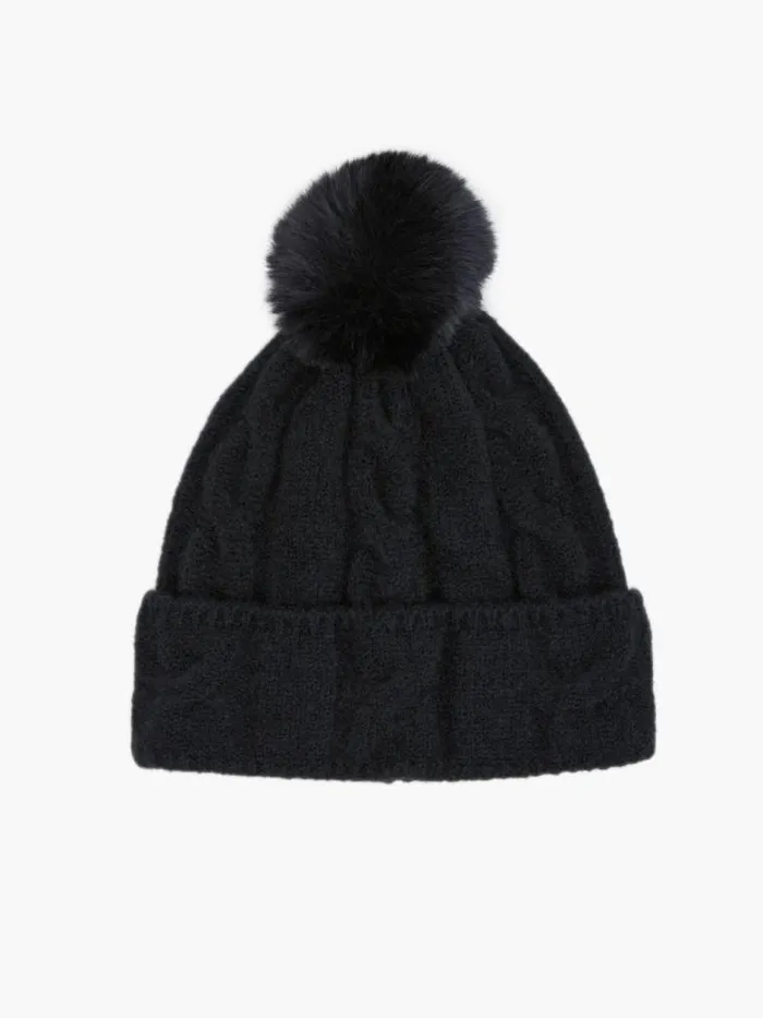 French Connection Cable Knit PomPom Beanie Black Women Hats