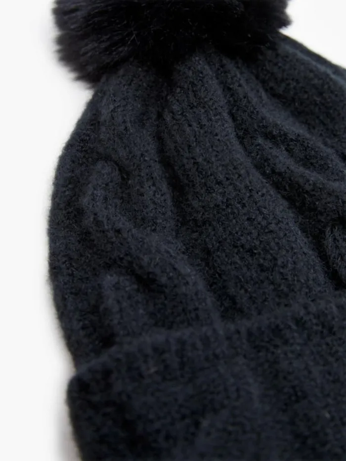 French Connection Cable Knit PomPom Beanie Black Women Hats