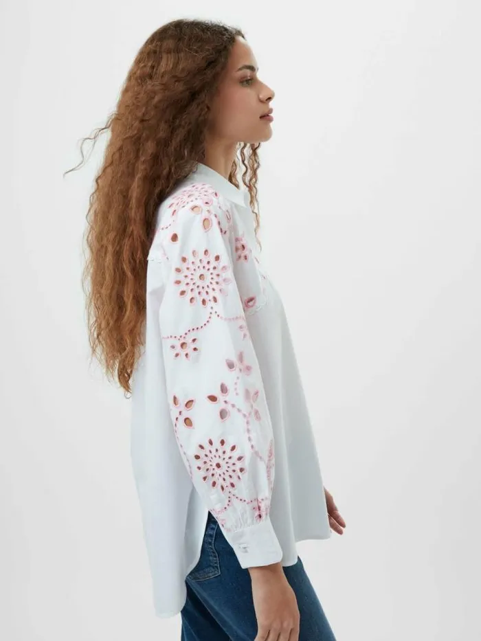 French Connection Cambria Cotton Embroidered Long Sleeve Shirt Linen Whitebubblegum Women Tops