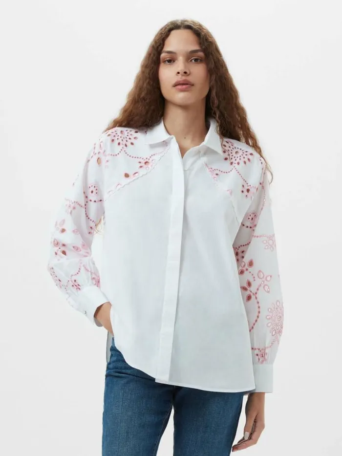French Connection Cambria Cotton Embroidered Long Sleeve Shirt Linen Whitebubblegum Women Tops