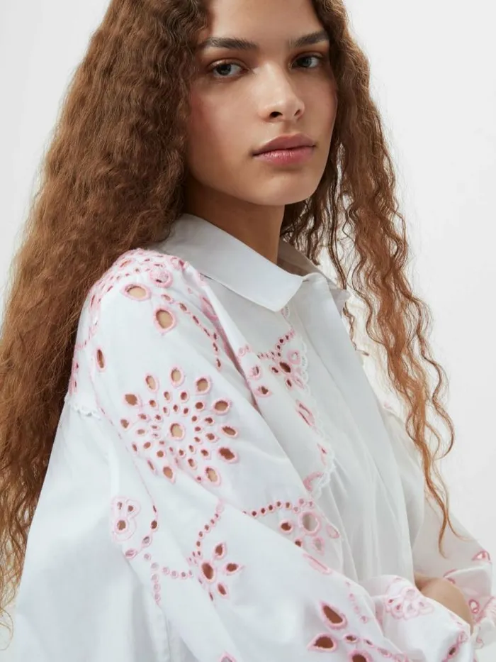 French Connection Cambria Cotton Embroidered Long Sleeve Shirt Linen Whitebubblegum Women Tops