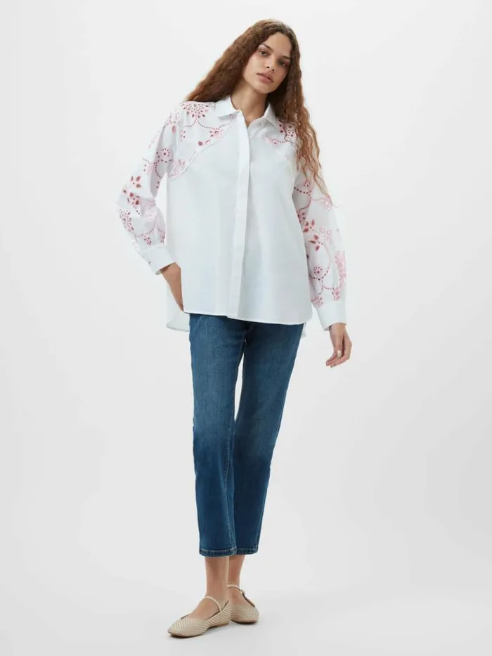 French Connection Cambria Cotton Embroidered Long Sleeve Shirt Linen Whitebubblegum Women Tops