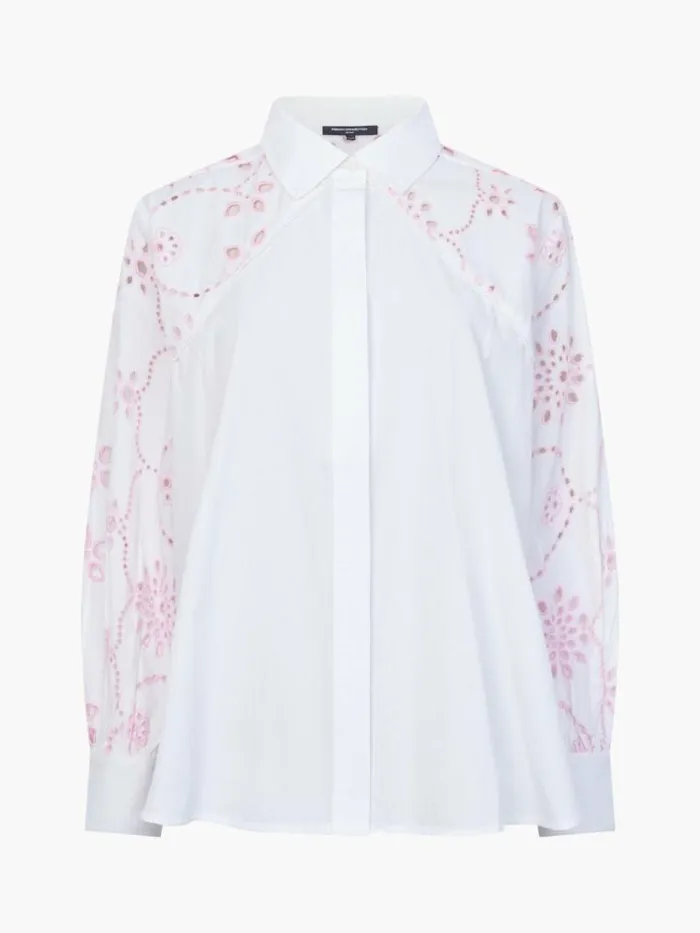 French Connection Cambria Cotton Embroidered Long Sleeve Shirt Linen Whitebubblegum Women Tops