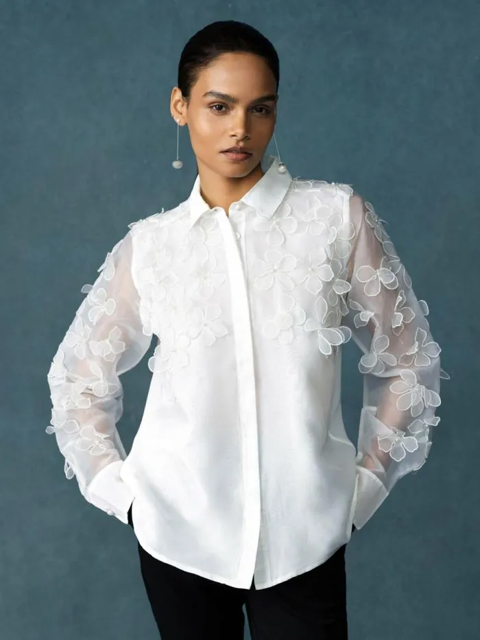 French Connection Camden 3D Floral Embellished Shirt Summer White Women Tops