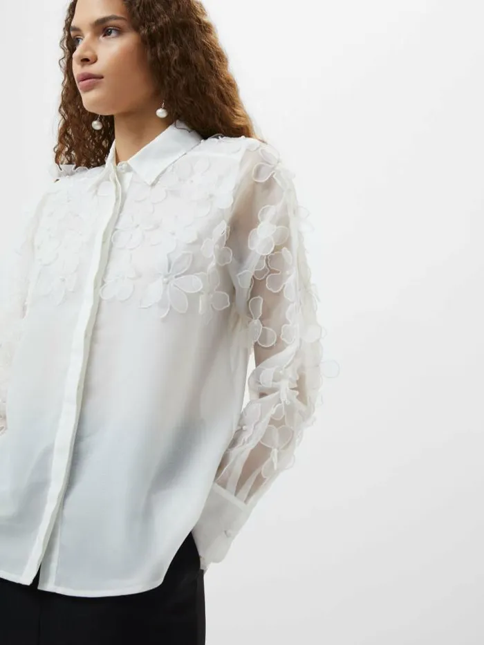 French Connection Camden 3D Floral Embellished Shirt Summer White Women Tops