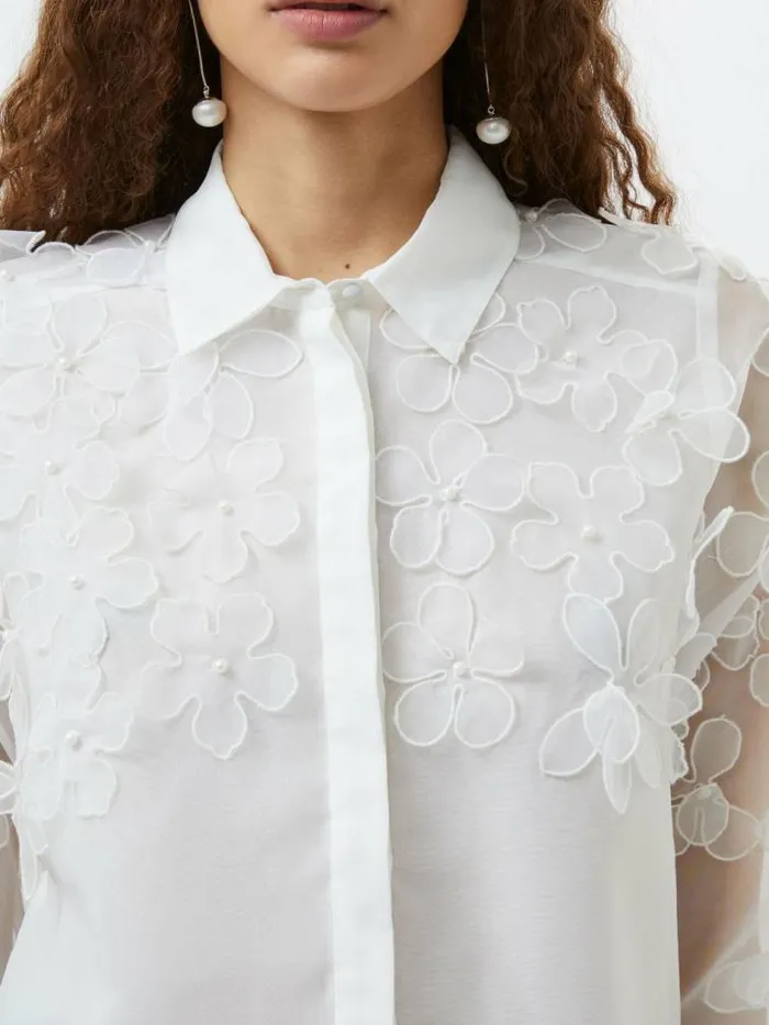 French Connection Camden 3D Floral Embellished Shirt Summer White Women Tops
