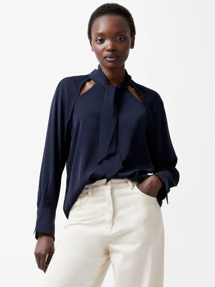 French Connection Carmen Recycled Crepe Tie Blouse Marine Women Tops