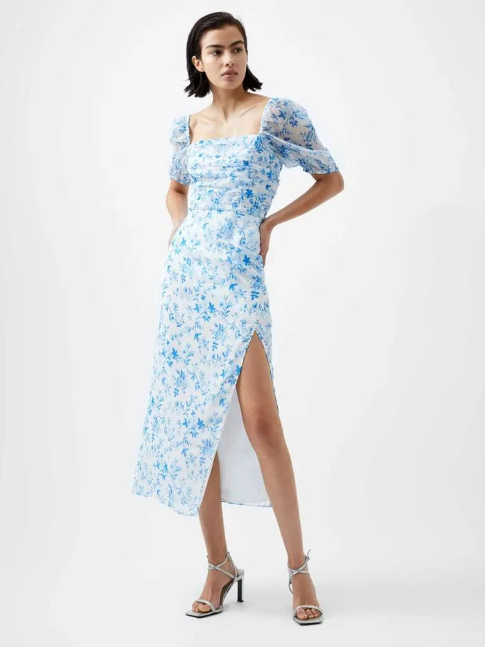 French Connection Catrina Crinkle Ruched Dress Summer Whiteblue Women Dresses
