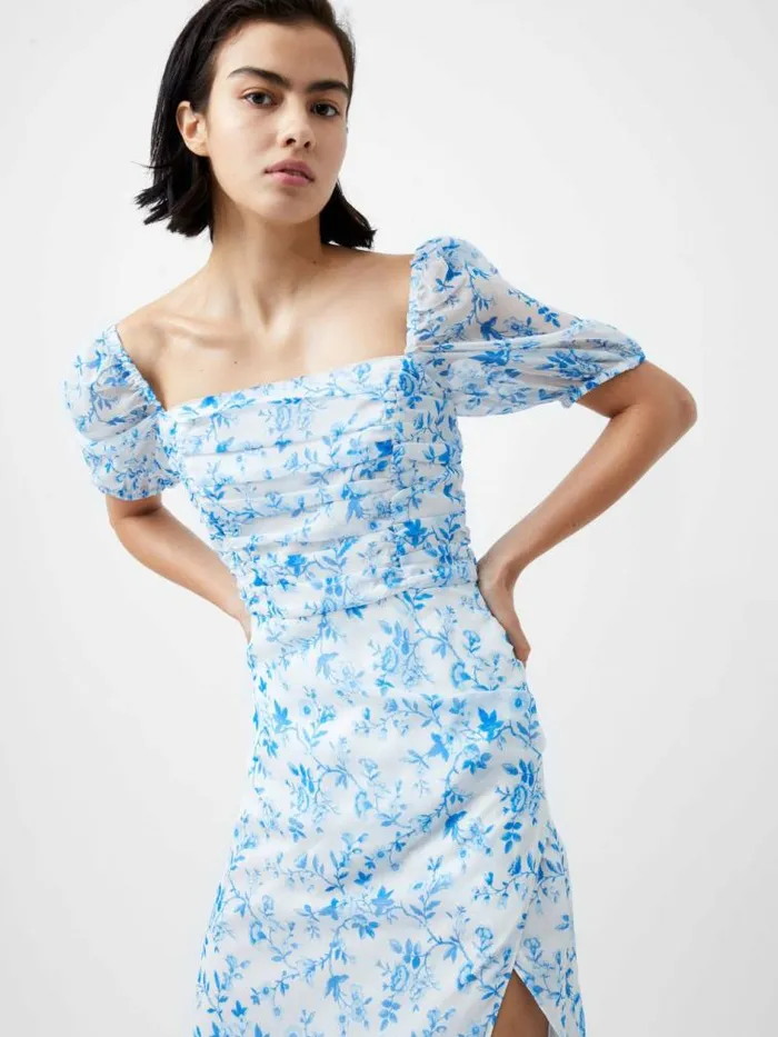 French Connection Catrina Crinkle Ruched Dress Summer Whiteblue Women Dresses