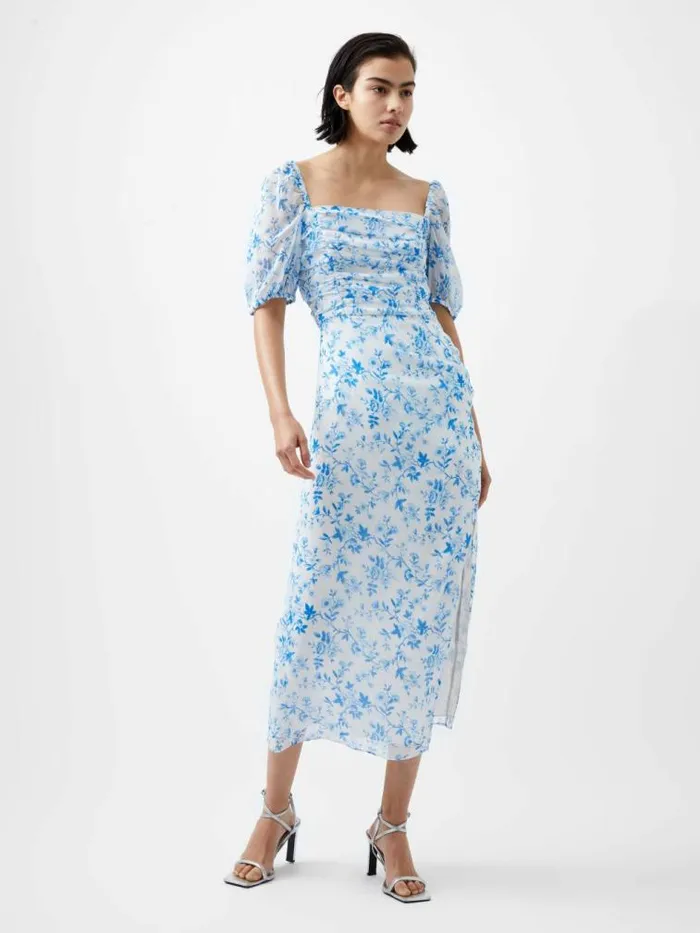 French Connection Catrina Crinkle Ruched Dress Summer Whiteblue Women Dresses