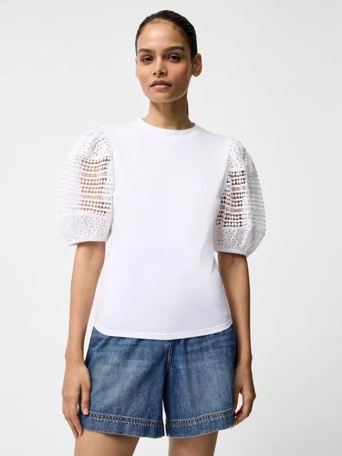 French Connection Crochet Lace Puff Sleeve Top Linen White Women Tops