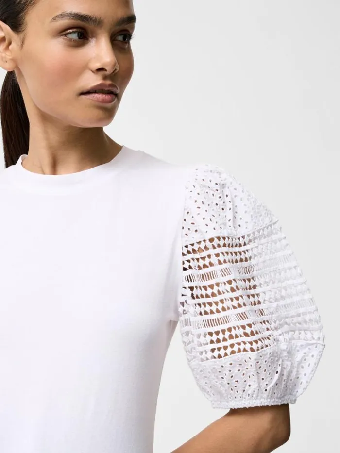French Connection Crochet Lace Puff Sleeve Top Linen White Women Tops