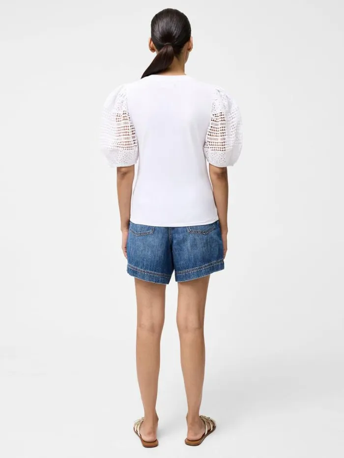 French Connection Crochet Lace Puff Sleeve Top Linen White Women Tops