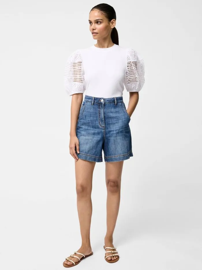 French Connection Crochet Lace Puff Sleeve Top Linen White Women Tops