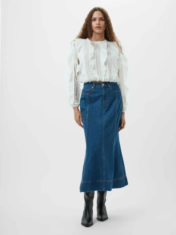 French Connection Denver Denim Flare Midi Skirt Vintage Blue Women Skirts