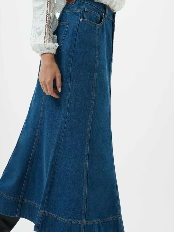 French Connection Denver Denim Flare Midi Skirt Vintage Blue Women Skirts