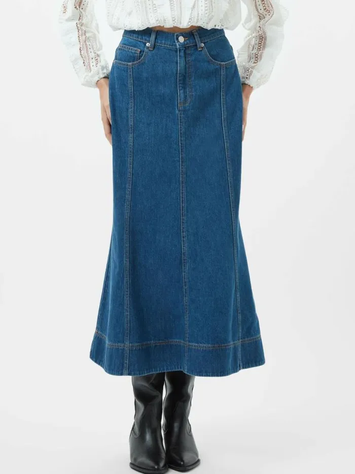French Connection Denver Denim Flare Midi Skirt Vintage Blue Women Skirts