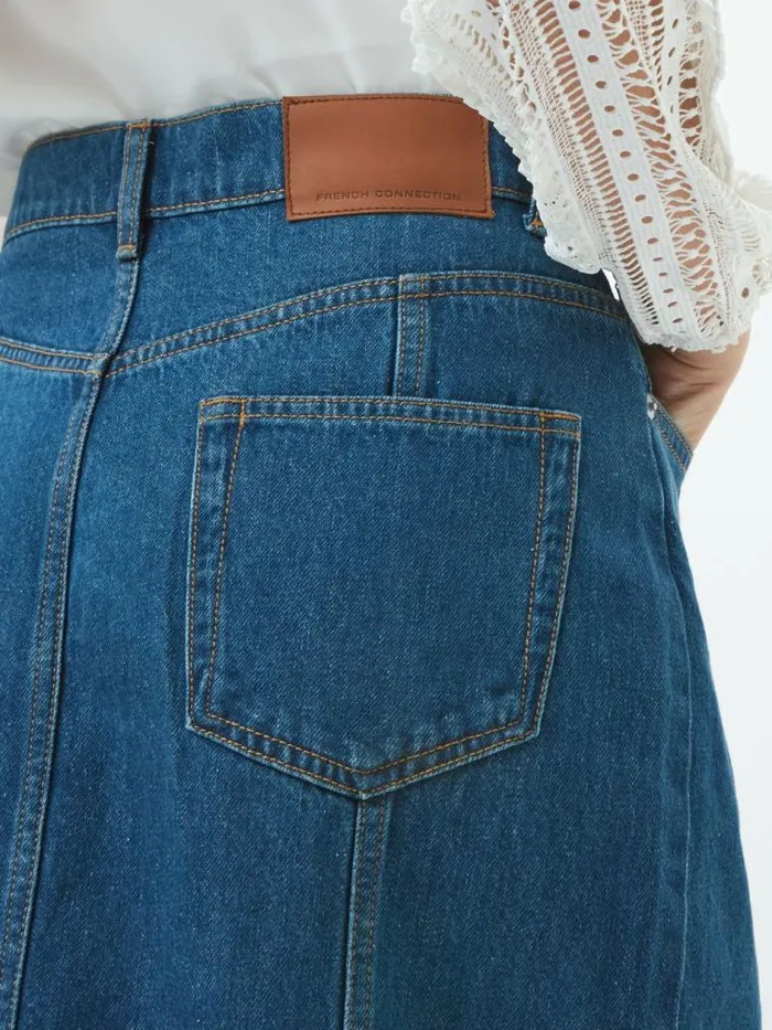 French Connection Denver Denim Flare Midi Skirt Vintage Blue Women Skirts