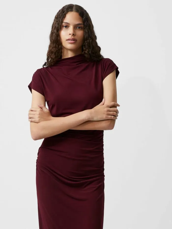 French Connection Draped Samira Mock Neck Dress Burgundy Red Women Dresses