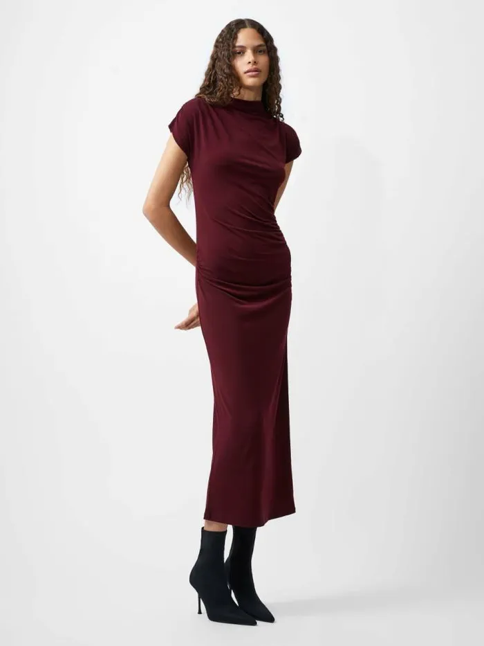 French Connection Draped Samira Mock Neck Dress Burgundy Red Women Dresses